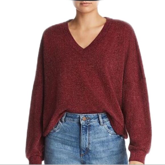 Dark Red V Neck Chenille Knit Sweater by Band of Gypsies NEW - Picture 2 of 4